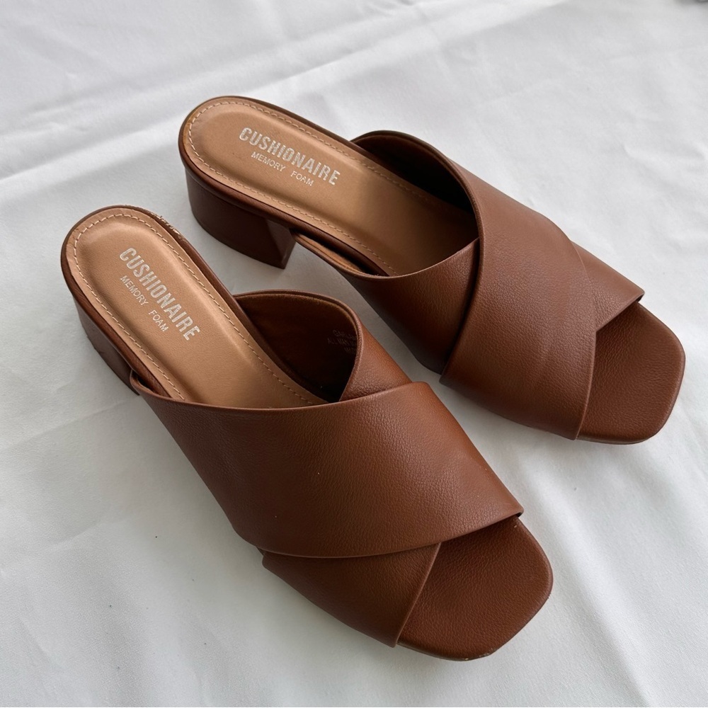 Cushionaire Garland Cross Band Dress Sandal Heeled Mules, Tan Brown, 8.5